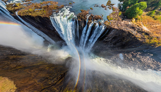 Panoramic aerial view of a waterfall in Victoria Falls, Zambia-Zimbabwe