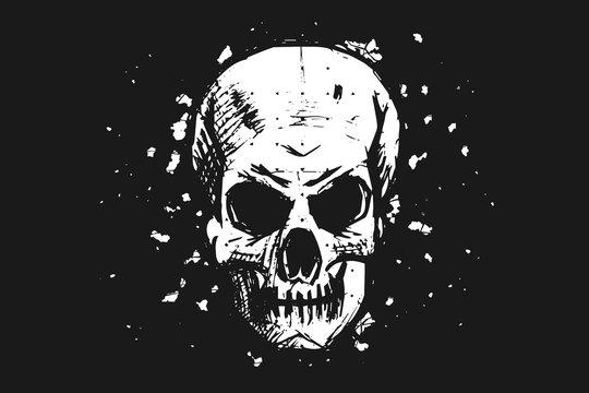 White human skull. Grunge style vector illustration. White silhouette isolated on black background. Can be used for a print on a t-shirt or other aparel.