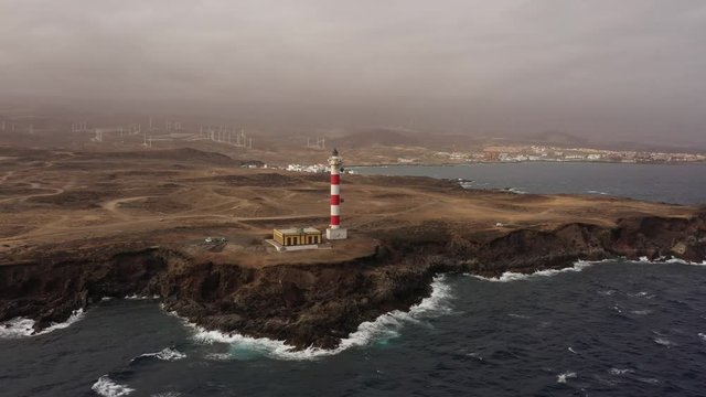 Lighthouse on the shore of the Atlantic Ocean. Aerial view. Canary Islands.