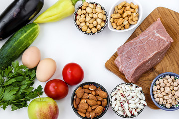 Flexitarian diet with fresh vegetables, raw meat, eggs, legumes, nuts, fruit on white background, top view
