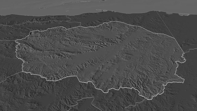 Olancho, department with its capital, zoomed and extruded on the bilevel map of Honduras in the conformal Stereographic projection. Animation 3D