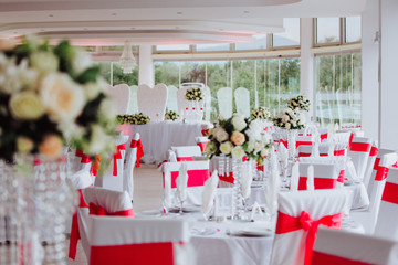 Coziness and style. Modern event design. Table setting at wedding reception.