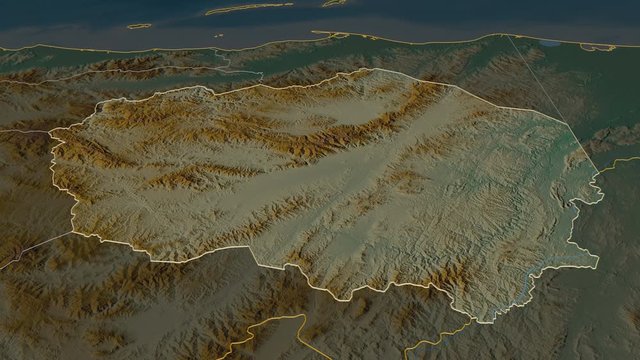 Olancho, department with its capital, zoomed and extruded on the relief map of Honduras in the conformal Stereographic projection. Animation 3D