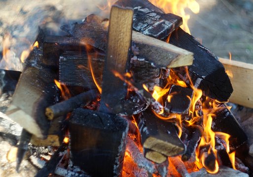 Bonfire. Orange Flame Of A Fire. Burning Birch Tree In The Fireplace. Bonfire On The Grill With Smoke. Arson Or Natural Disaster. Bonfire Close. Fire In Nature. Bonfire Background.