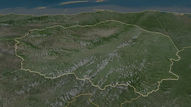 Olancho, department with its capital, zoomed and extruded on the satellite map of Honduras in the conformal Stereographic projection. Animation 3D