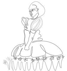 One continuous line drawing of young woman enjoying summer. Standing happy woman and nature.