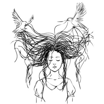 Birds flying around tousled hair of sad girl with closed eyes