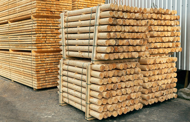 Lumber in stock. Wooden stakes. Ready for loading