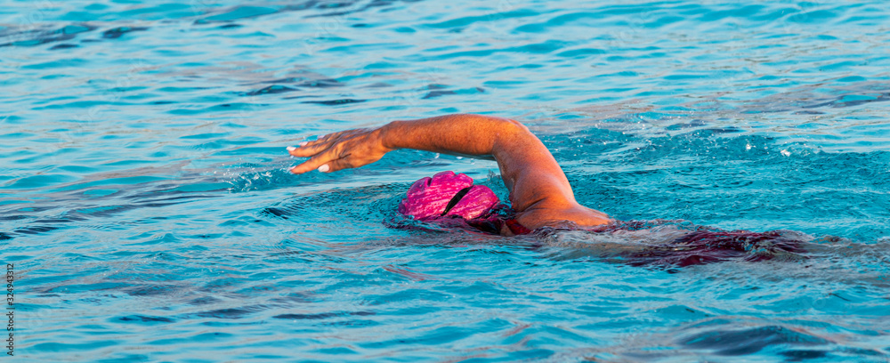 Wall mural female swimmer face down in the water swimming freestyle in an outdoor pool