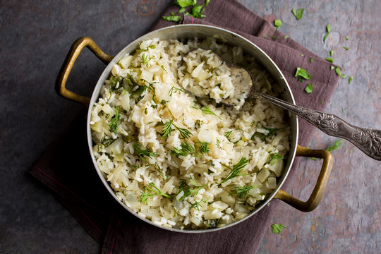 Fennel rice prepared in skillet