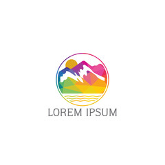 Mountains Lake and sun illustration logo vector design.