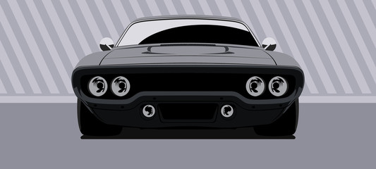 Front view on dark muscle car. Vector illustration.