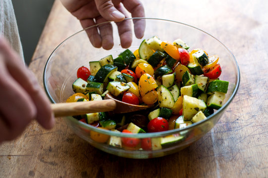 Tilt shift view of vegetable salad