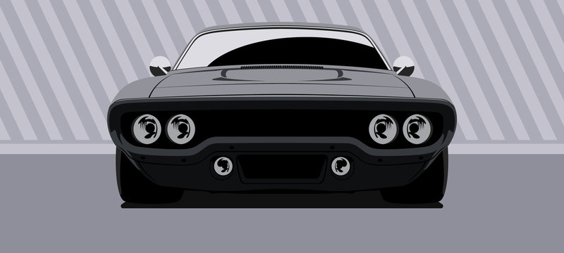 Front View On Dark Muscle Car. Vector Illustration.