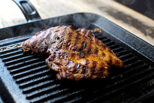 Directly above view of pan grilled chicken
