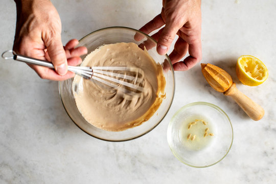 Tahini sauce preparation in bowl