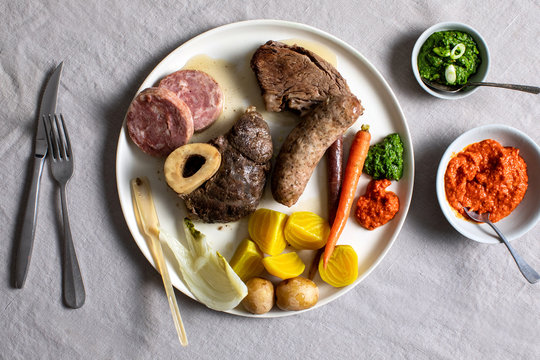 Bollito Misto with vegetables and two dipping sauces