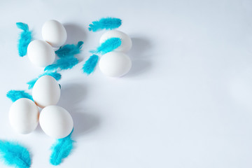 Easter white eggs with blue feathers on isolated background. Easter composition, mockup. Top view.