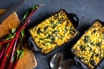 Directly above view of corn and chard casserole