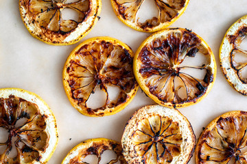 Close up view of charred lemon slices