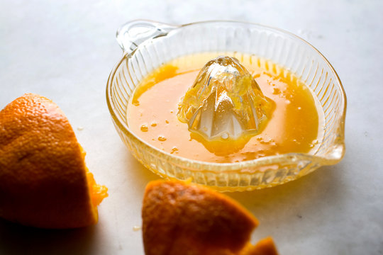 Tilt shift view of freshly squeezed orange juice