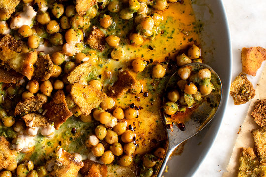 Close up view of chickpea and herb fatteh