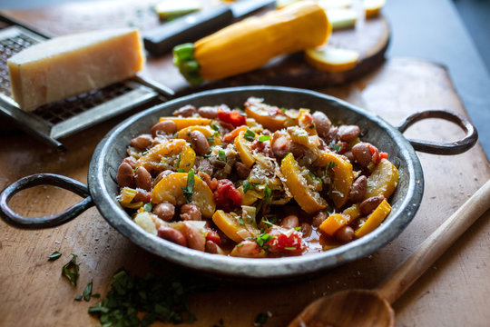 Close up view of beans and squash stew