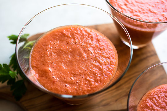 Tomato gazpacho served in bowl