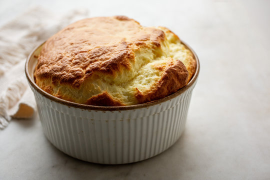 Close up view of puffed cheese souffle