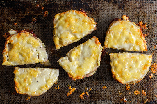 Directly above view of ham and cheese croque with Dijon