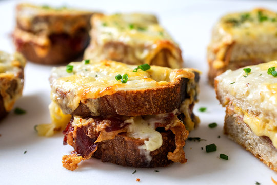 View of ham and cheese croque with Dijon