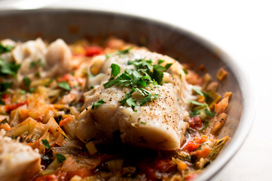 Mahi mahi along with fennel, leeks and tomatoes