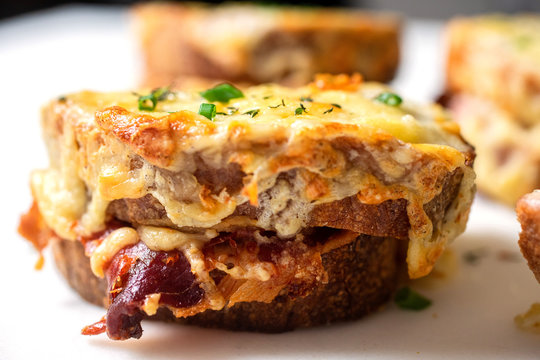 Close up view of ham and cheese croque with Dijon