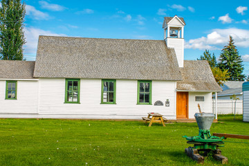Old train station, out buildings and rolling stock. Delburne, Alberta, Canada