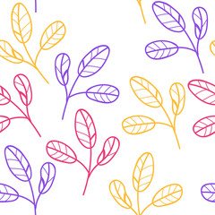 Bright outlines of branches with leaves on a white background, seamless vector pattern.
