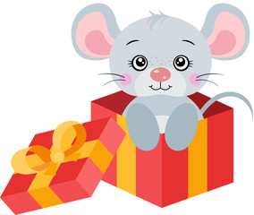 Cute gray mouse going out of red gift open