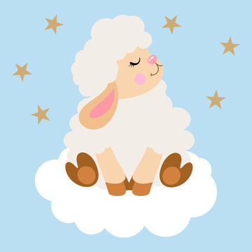Cute sheep sitting on cloud in blue sky