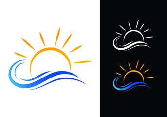 Stylized sun rising over ocean waves logo design