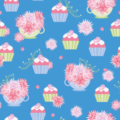 Frosted cupcakes and teacups full of flowers seamless vector pattern in pink blue and green. High tea surface print design. Great for wedding and birthday invitations, cards, gift wrap and packaging.