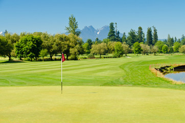 Golf course with gorgeous green and pond.