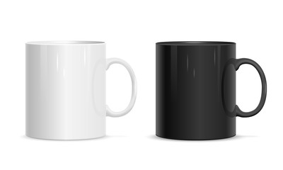 Realistic white and black cups. Template for mock up.