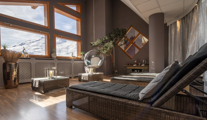 Relaxed view of snow and ice in a comfortable sofa in the French Alps - Powered by Adobe