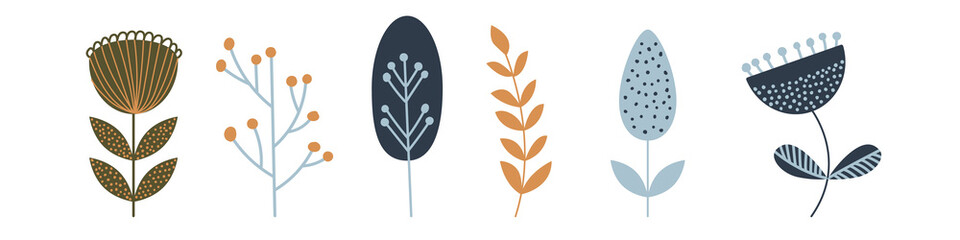 Blue and orange flowers in Scandinavian style. Summer motive.