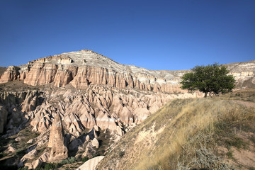 Unusually shaped volcanic rocks in the Pink Valley near the village of Goreme in the Cappadocia region of Turkey.