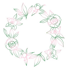 Green-pink peony buds flowers leaves wreath. Natural illustration. Template for your photo, congratulations, invitations.