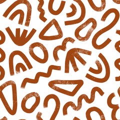 Hand drawn textured various shapes and doodle objects. Abstract modern seamless pattern in terracotta color. Perfect for textile print.