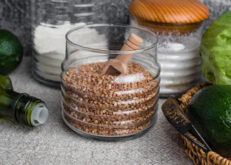 Eco-friendly kitchen set. Zero waste concept. Waste-free domestic life. Plastic free. Bio product. 