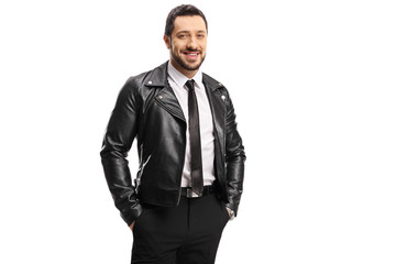 Cheerful trendy man in a leather jacket and necktie