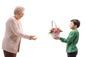 Boy giving flowers to grandmother