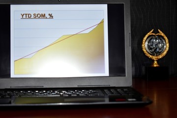 computer screen with successful sales growth chart and excellence award in the background